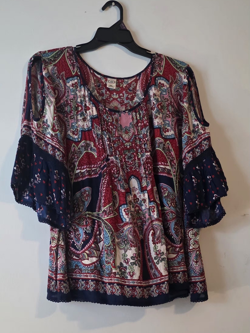 Bila Multicolor Paisley Peasant Top with Navy Accents